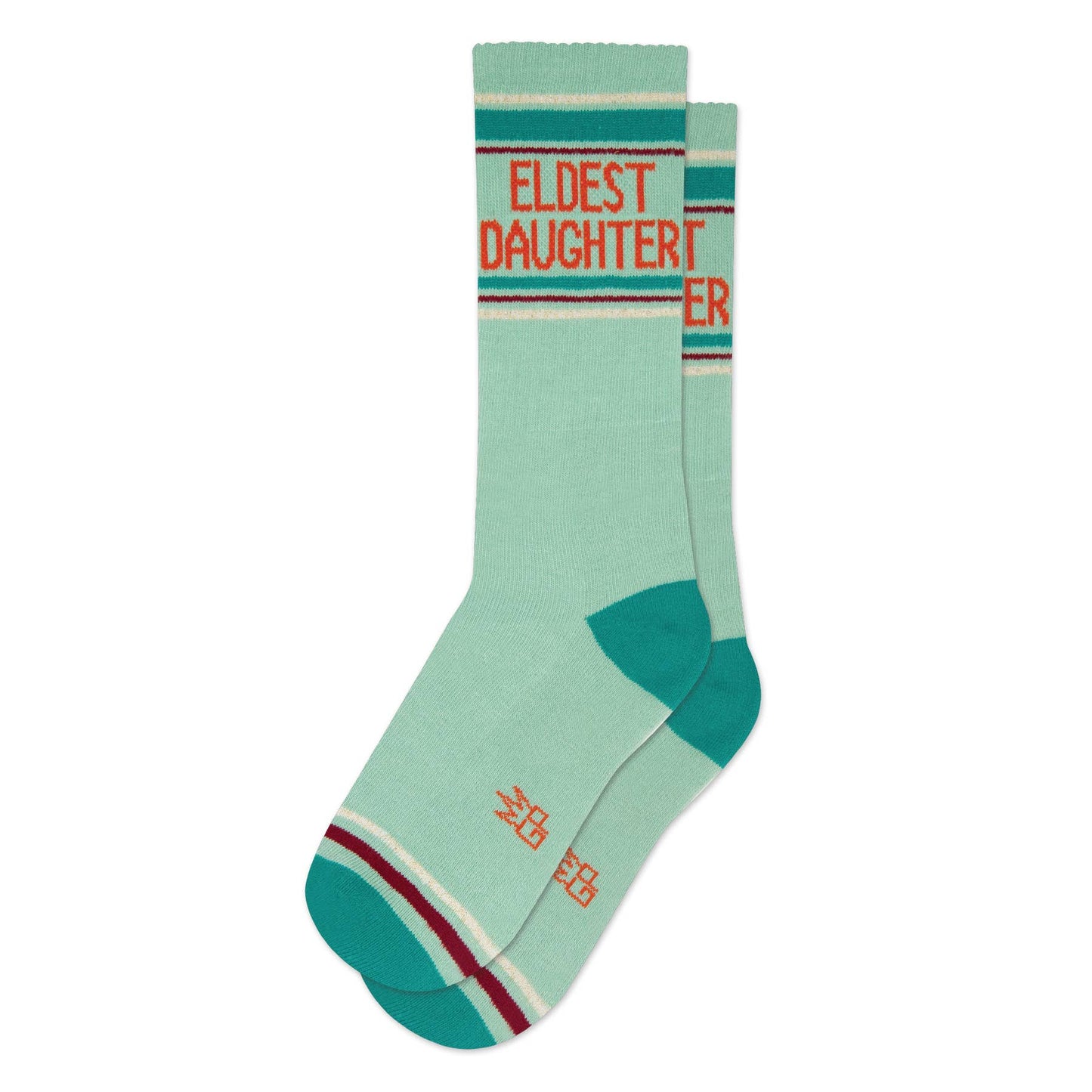 Teal sock with 'Eldest Daughter' text on a white background