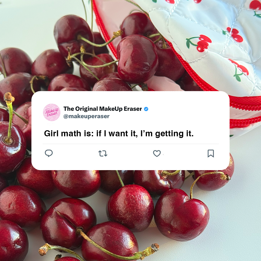 Cherries with a tweet overlay from The Original MakeUp Eraser on a white background