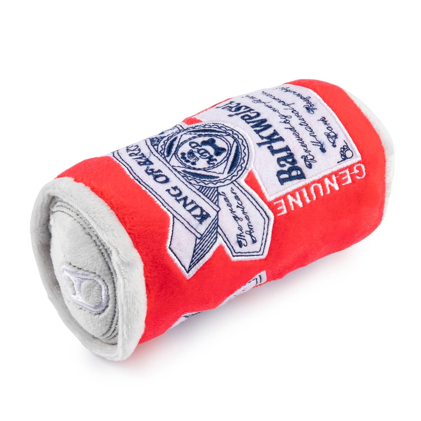 Red and gray plush can with a visible brand label on a white background