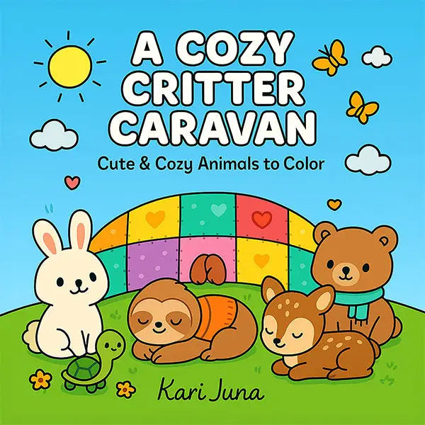 Book cover of 'A Cozy Critter Caravan' with cartoon animals and colorful caravan.