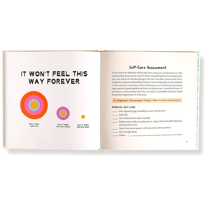 Open book showing a page with text and a self-care assessment chart.