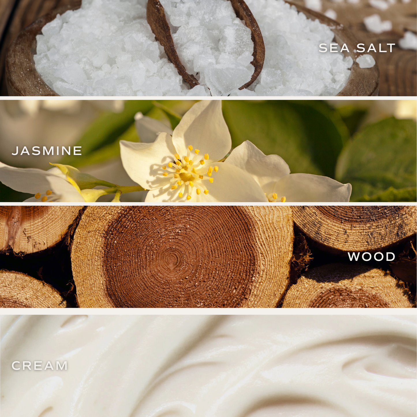 Collection of images including sea salt, jasmine flower, wood logs, and cream.