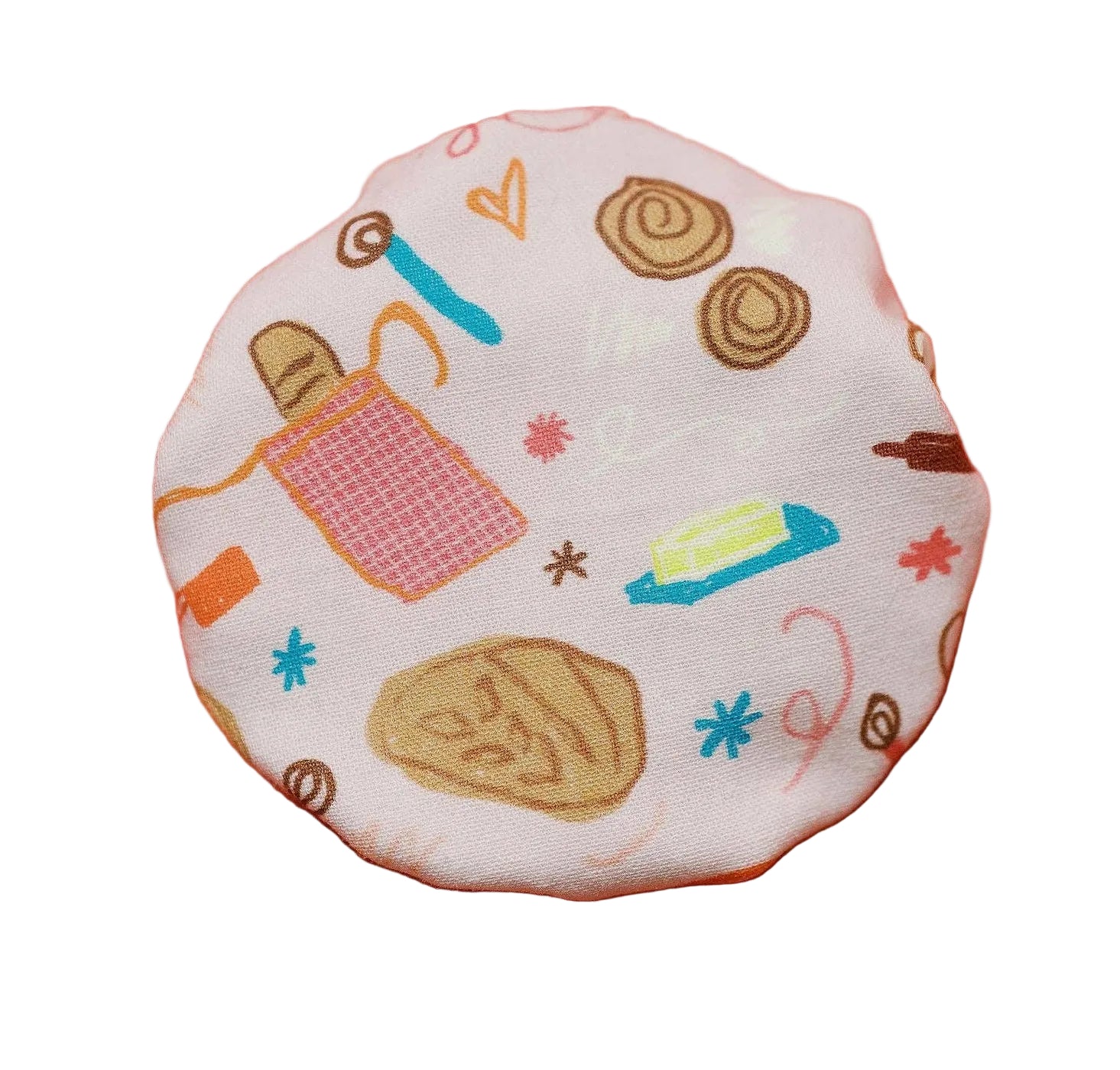 Decorative bottle cap with colorful illustrations on a pink background