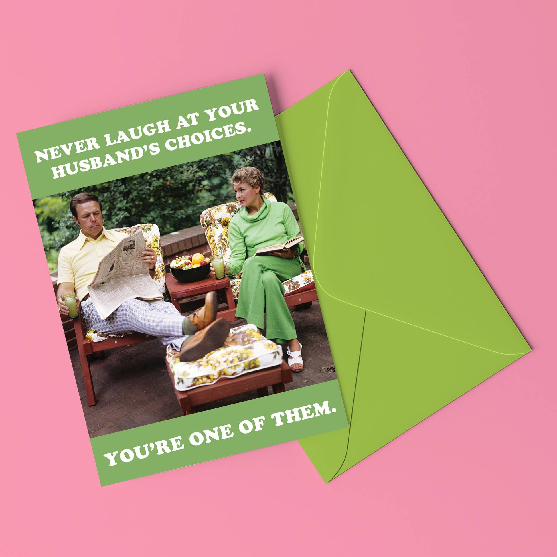 Card with a humorous message and vintage-style illustration of a man and woman on a pink background.