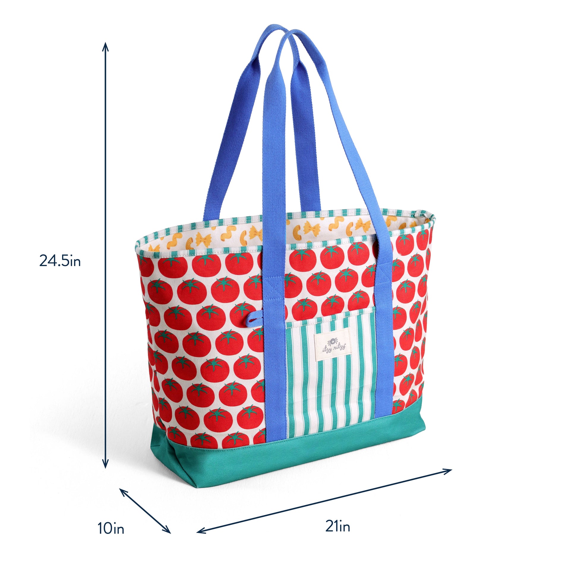 Multicolored tote bag with tomato pattern and blue handles, shown with dimensions on a white background. (24.5" height with handles, 21" length, 10" width)