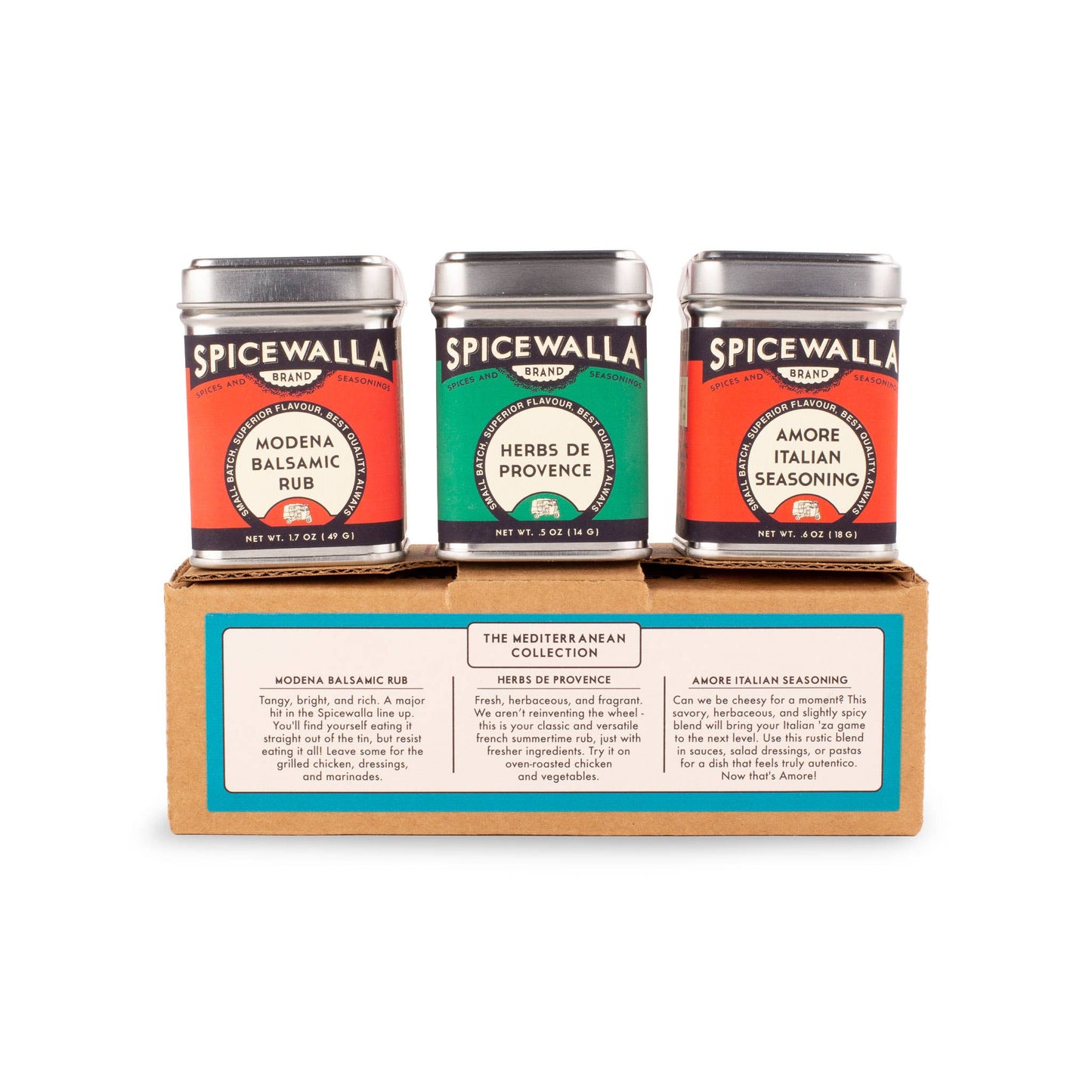 Three Spicewalla spice containers in a cardboard box on a white background