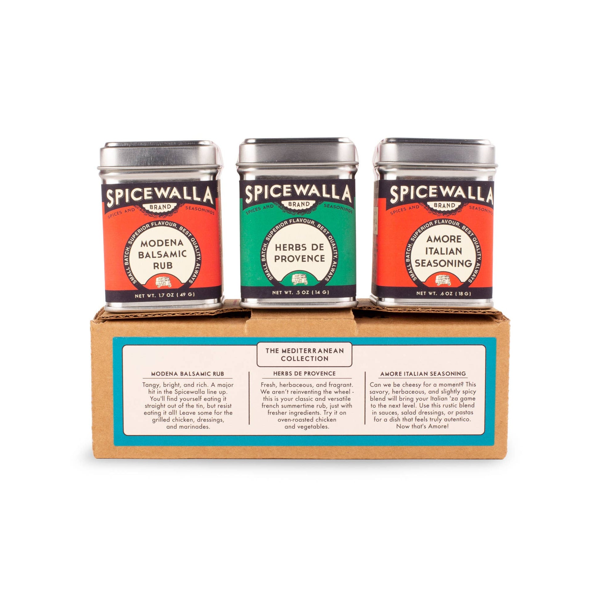 Three Spicewalla spice containers in a cardboard box on a white background