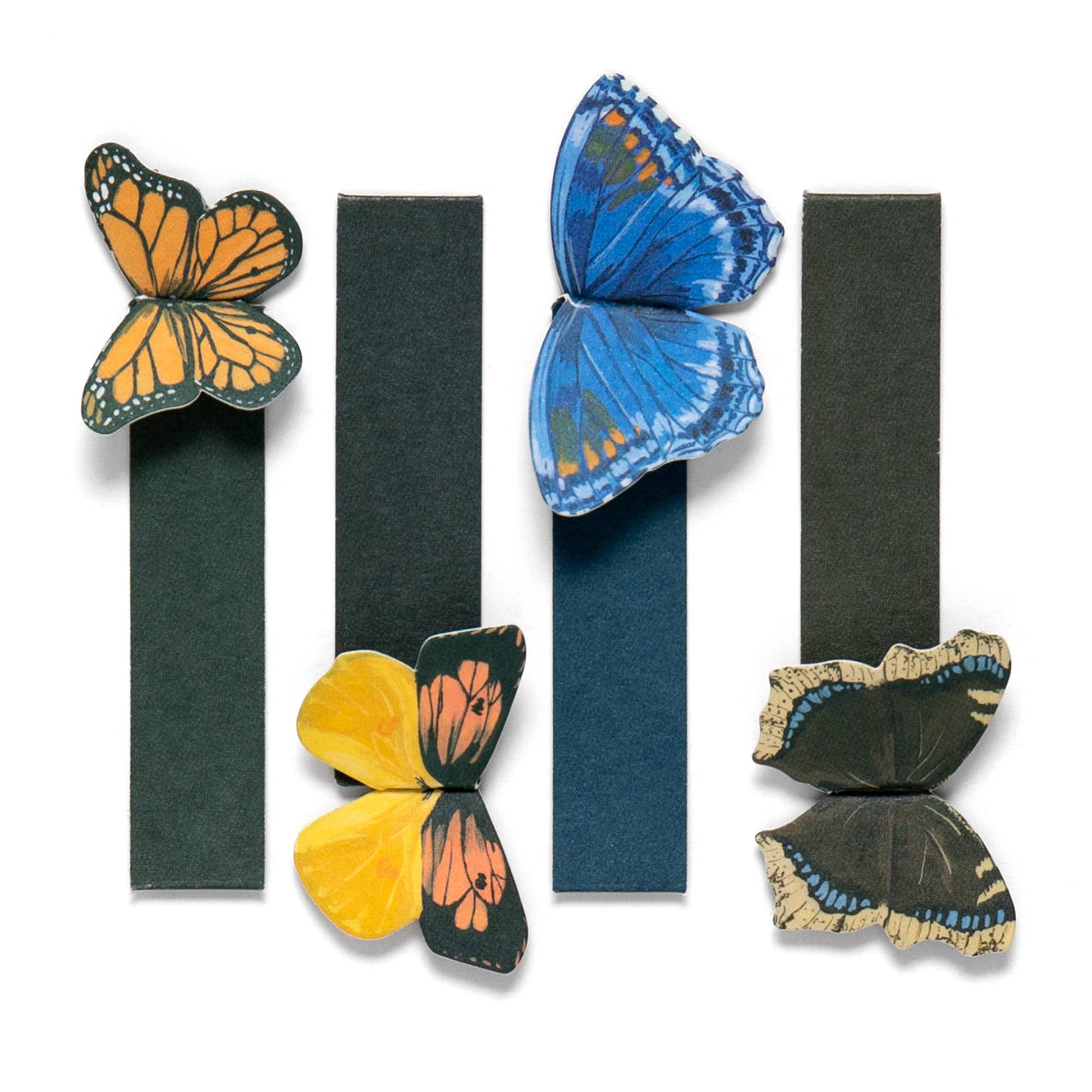 Butterfly-shaped bookmarks in various colors on a white background