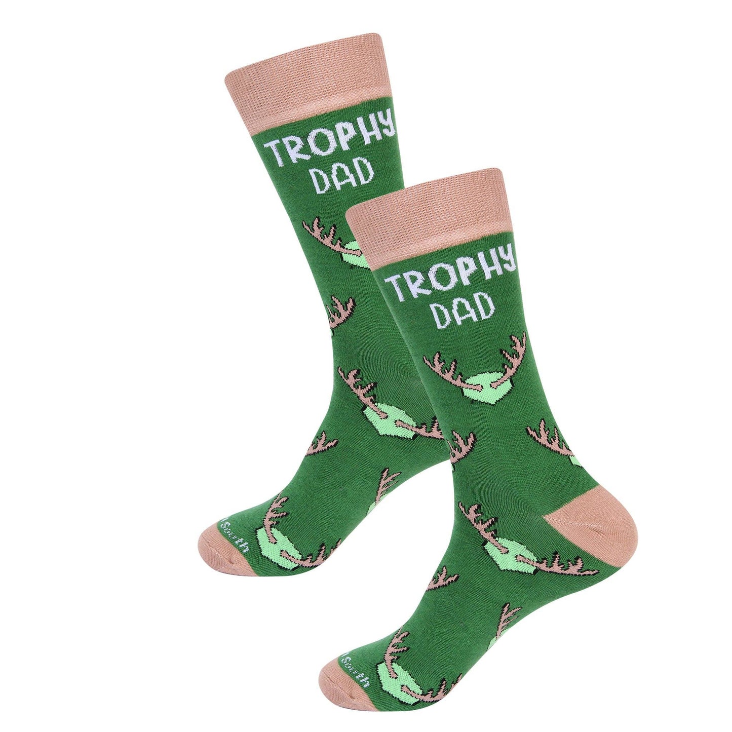Green socks with 'Trophy Dad' text and antler patterns on a white background