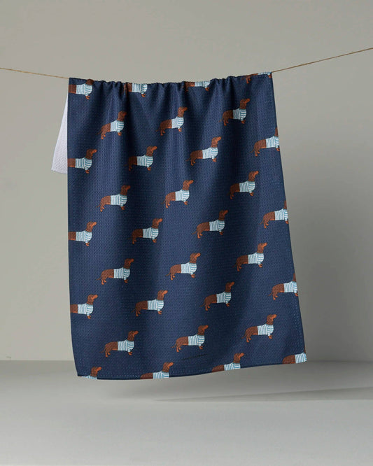 Geometry Tea Towel-Coastal Dachshund,Navy