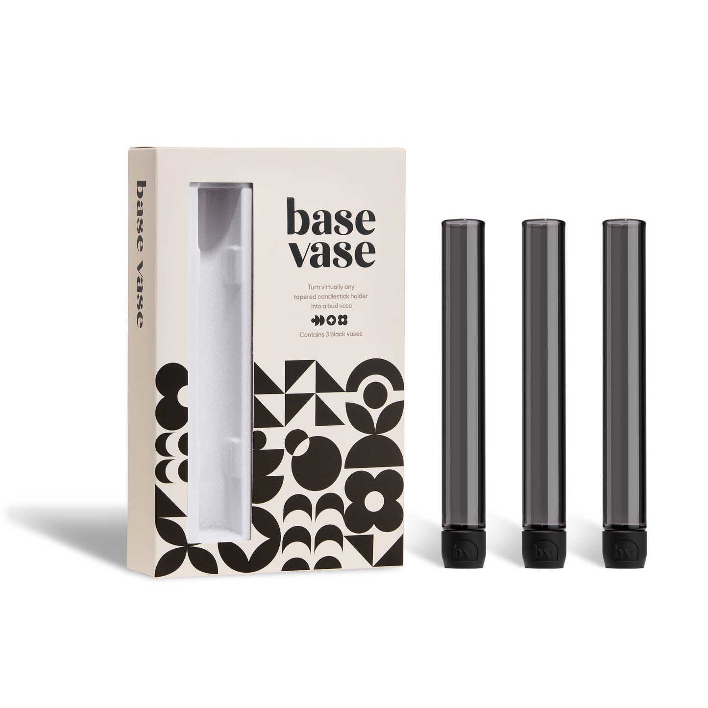 Base Vase packaging with three black vases on a white background
