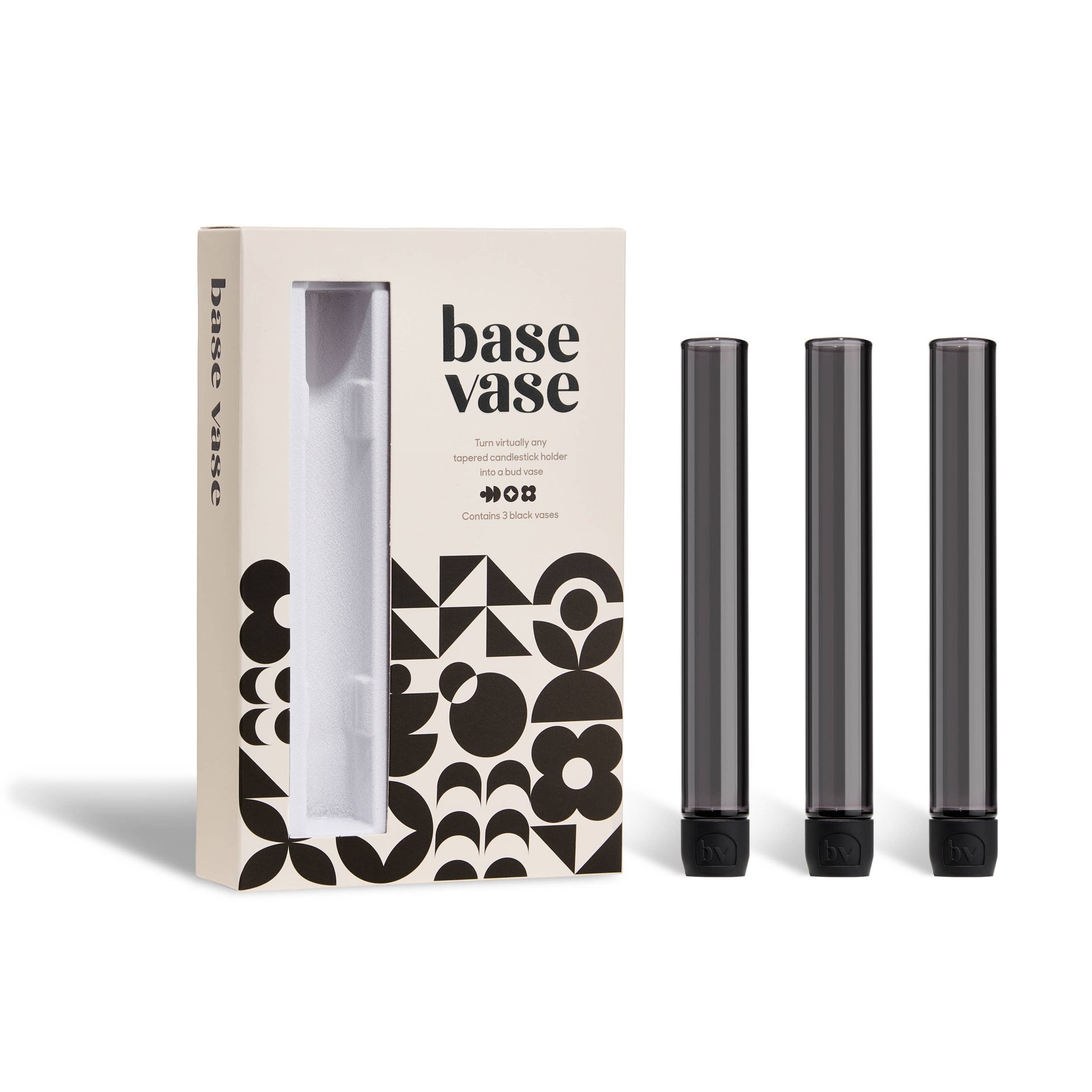 Base Vase packaging with three black vases on a white background
