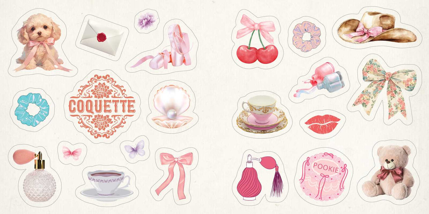 Collection of decorative stickers with various designs like bows, perfume bottles, teddy bears, scrunchies, butterflies on a white background