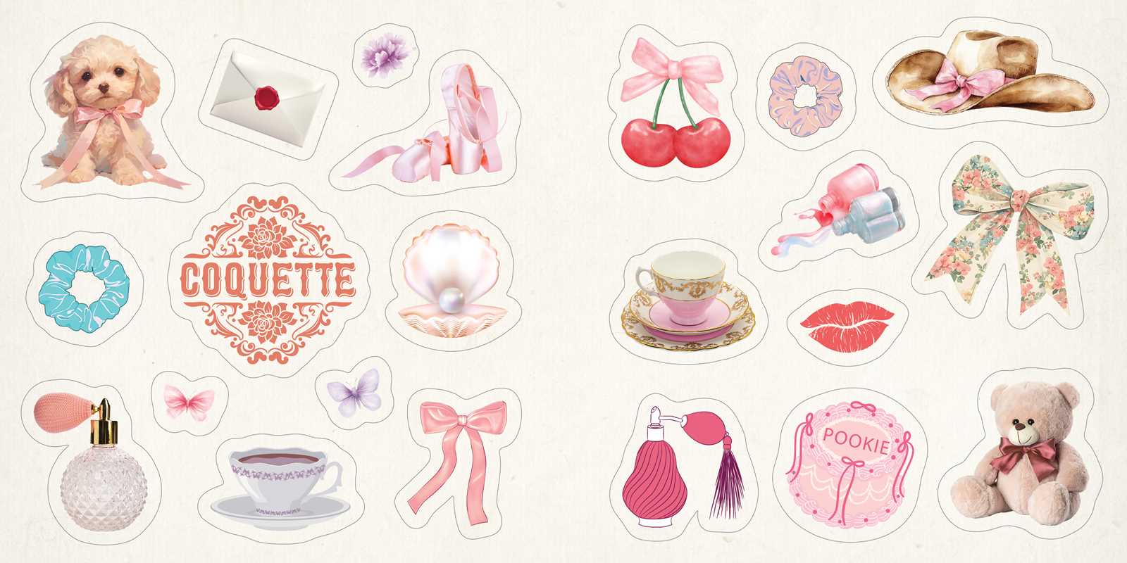 Collection of decorative stickers with various designs like bows, perfume bottles, teddy bears, scrunchies, butterflies on a white background