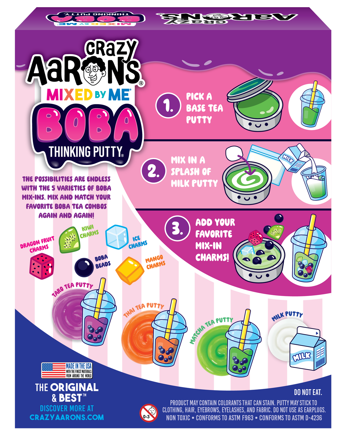 Crazy Aaron's Mixed by Me Boba Thinking Putty packaging with instructions and images of putty and charms.