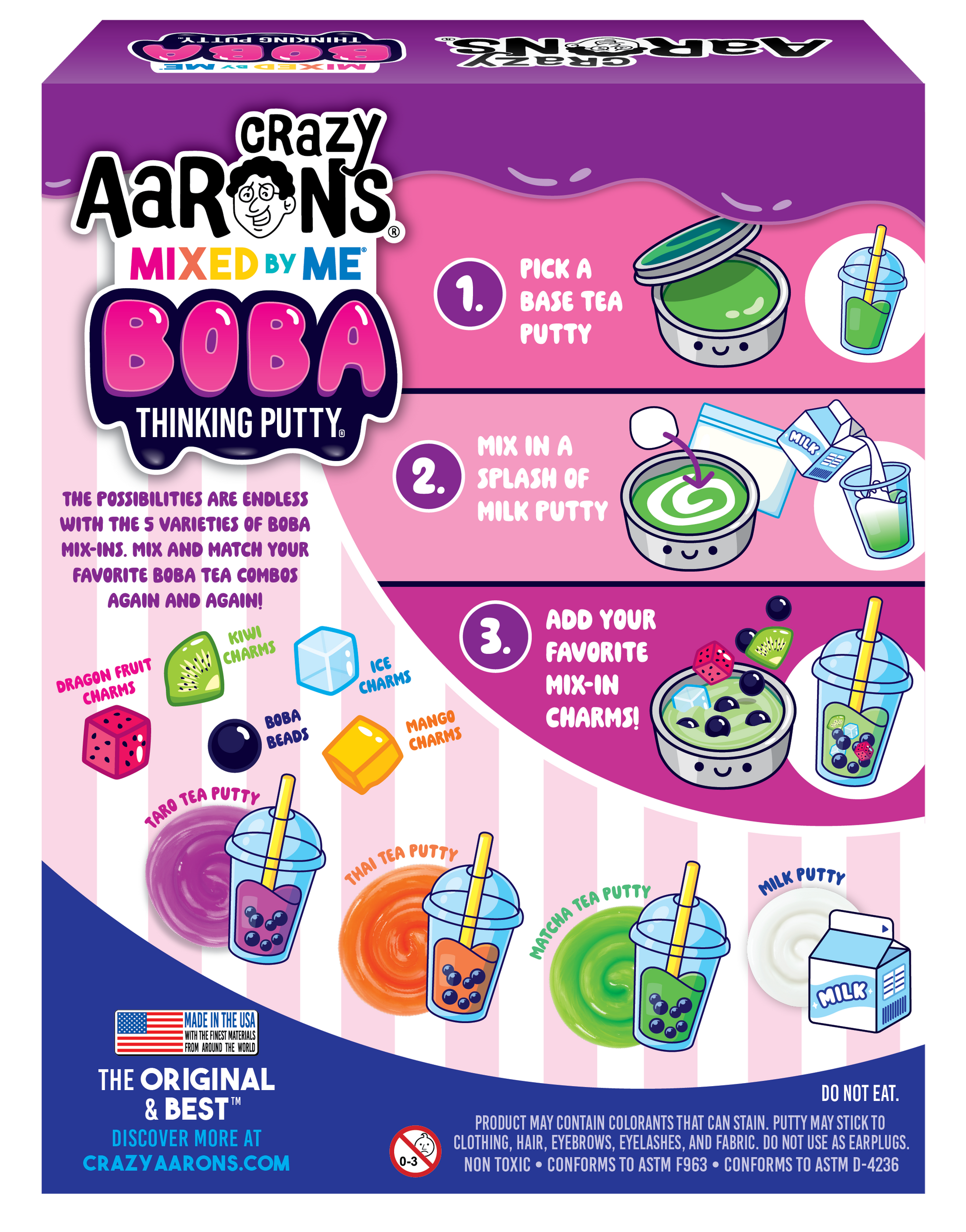 Crazy Aaron's Mixed by Me Boba Thinking Putty packaging with instructions and images of putty and charms.
