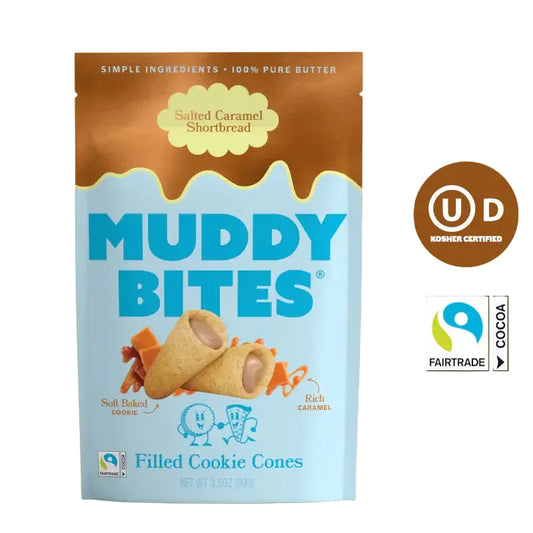 Muddy Bites salted caramel shortbread packaging on a white background
