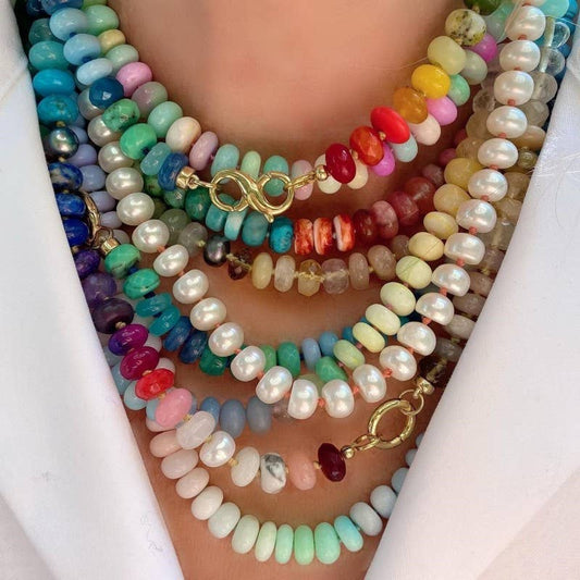 Natural Stone Semi-Precious Glass Mixed Necklace with Gold Clasp