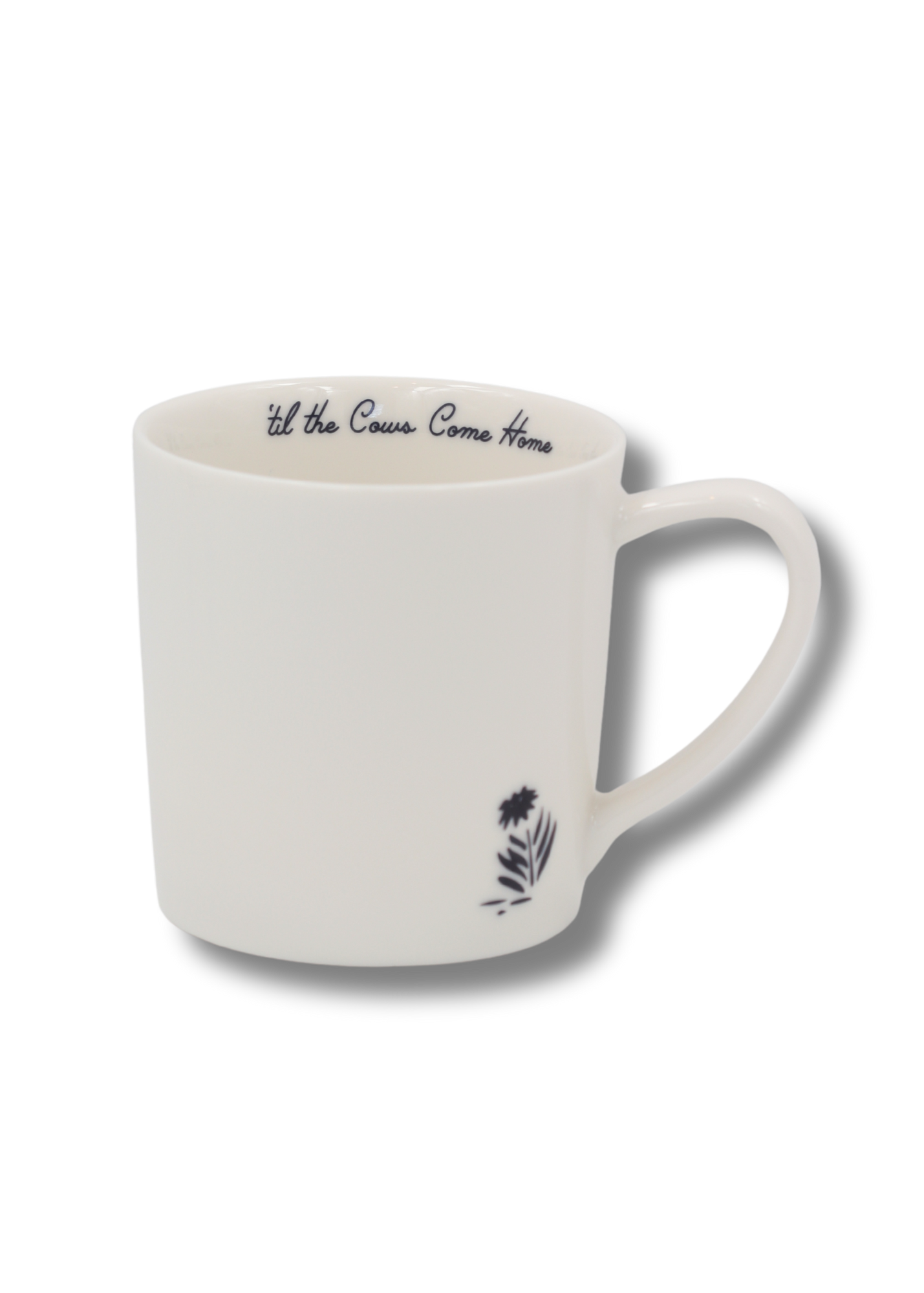White mug with black text and design on a white background