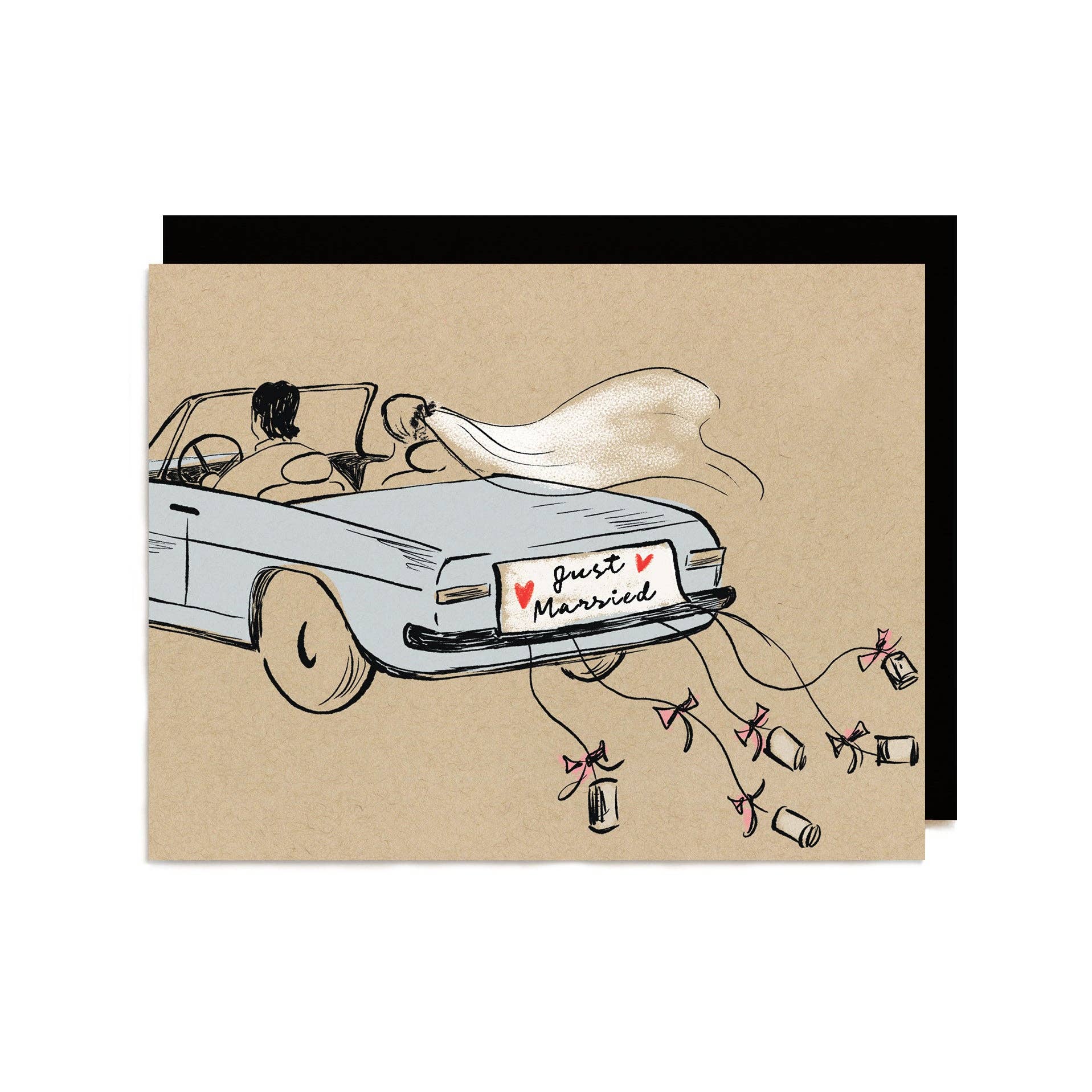 Card with a drawing of a couple in a convertible car with 'Just Married' sign, on a brown background.