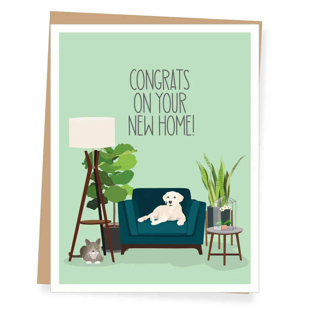 A green greeting card with a dog sitting on a chair below the text "Congrats On Your New Home!"