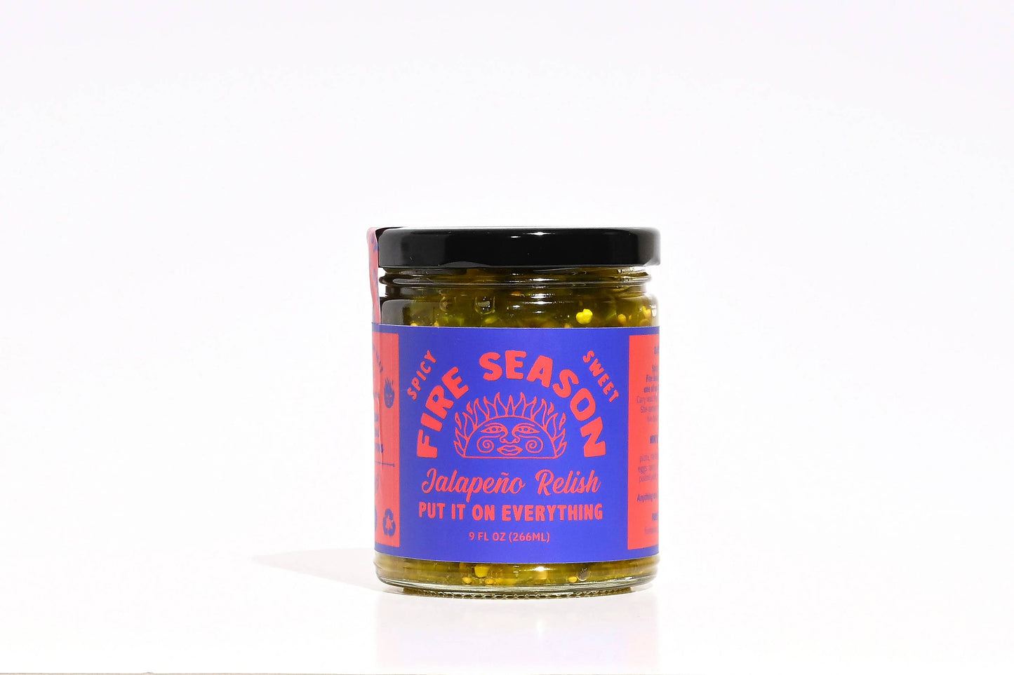 Jar of Fire Season jalapeño relish on a white background