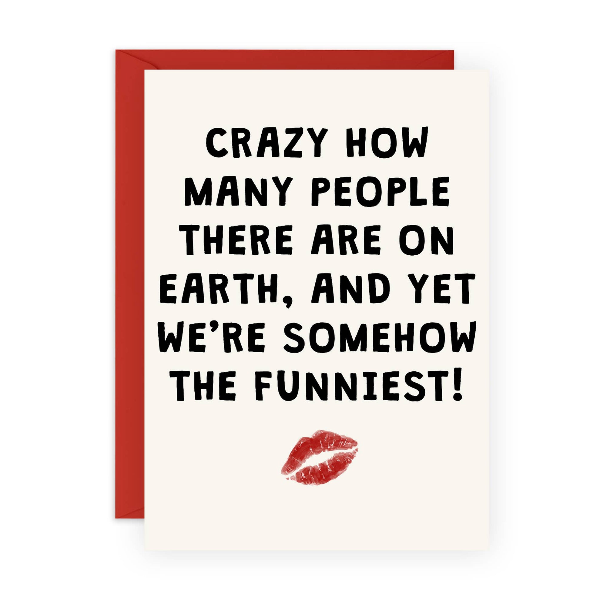 Card with humorous text and red lip print on a white background