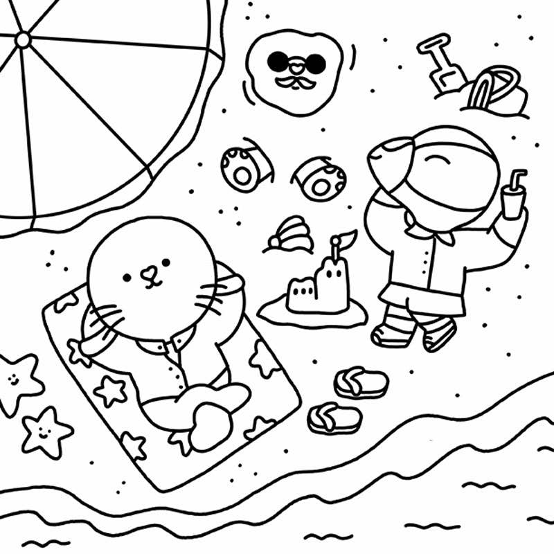 Black and white line drawing of a beach scene with a child and seal, including sandcastle and umbrella.