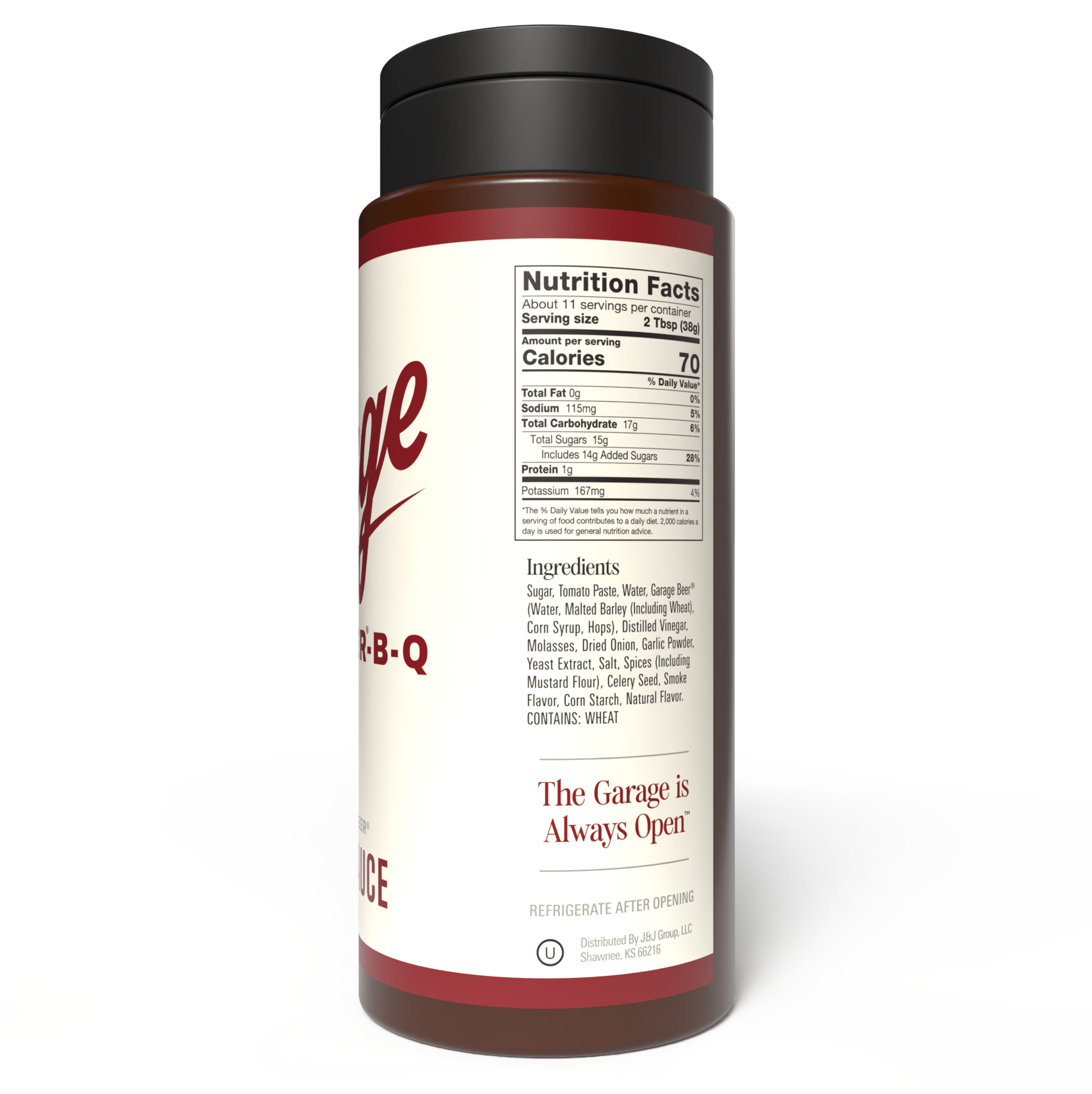 Bottle of 'The Garage' BBQ sauce with nutrition facts label on a white background