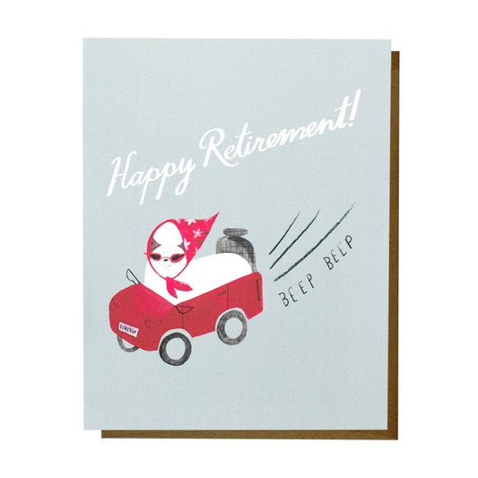 Greeting card with illustration of a child in a red car and text 'Happy Retirement! BEEP BELP' on a light blue background.