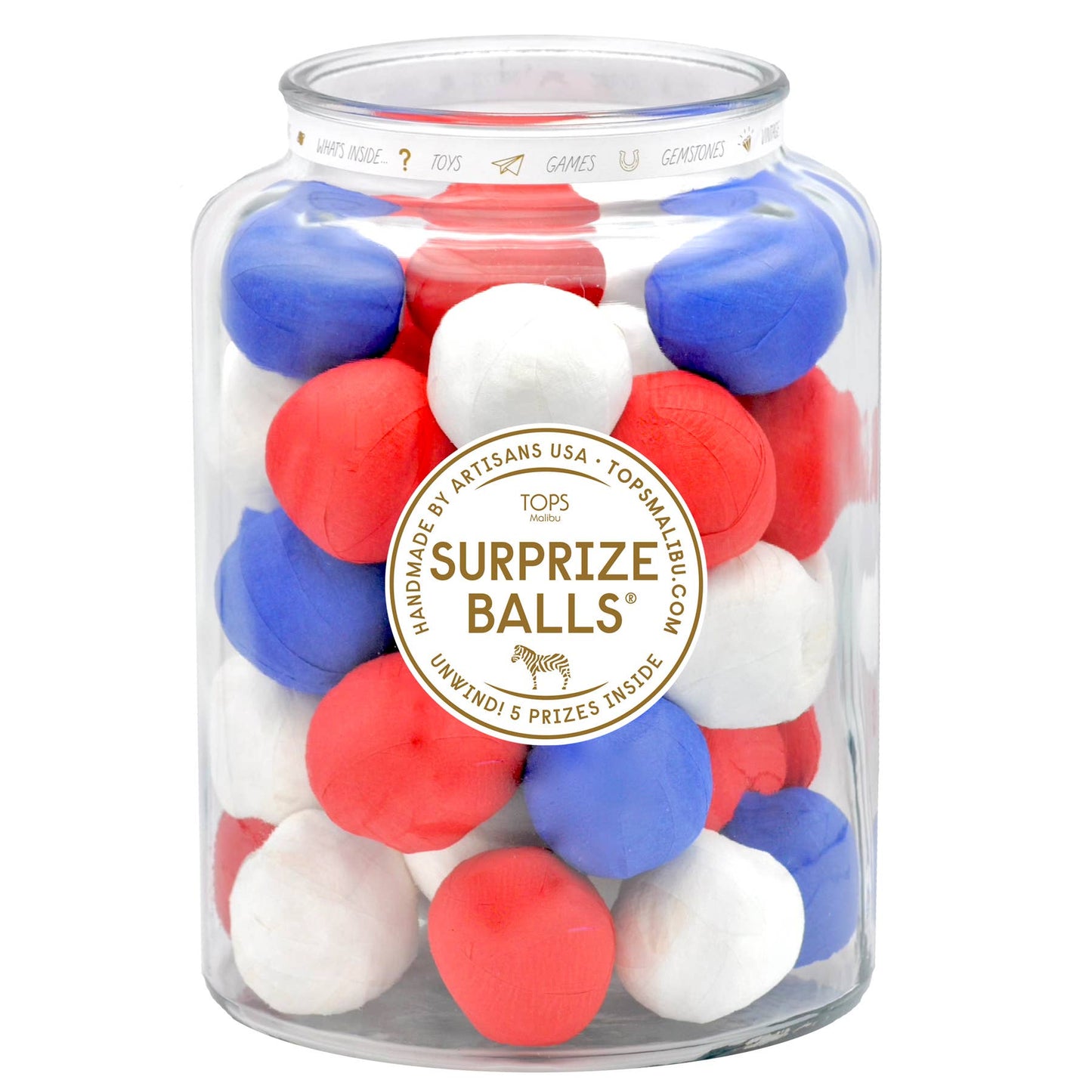 Jar of red, white, and blue surprise balls with 'Surprize Balls' label on a white background