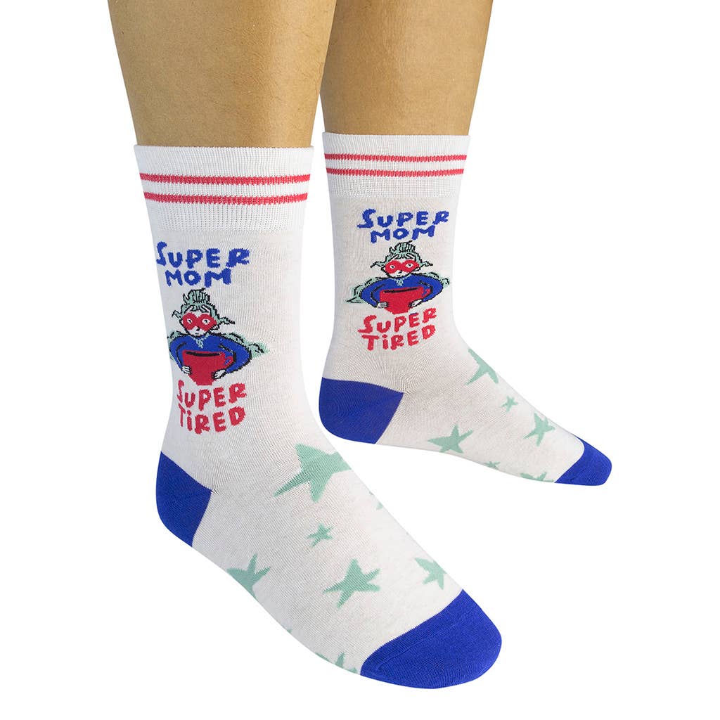White socks with 'Super Mom, Super Tired' text and graphics on a white background