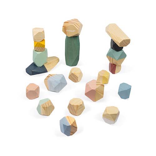 Set of colorful wooden geometric blocks on a white background