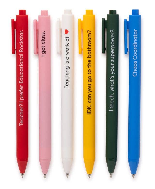 Set of six colorful pens with humorous text on a white background