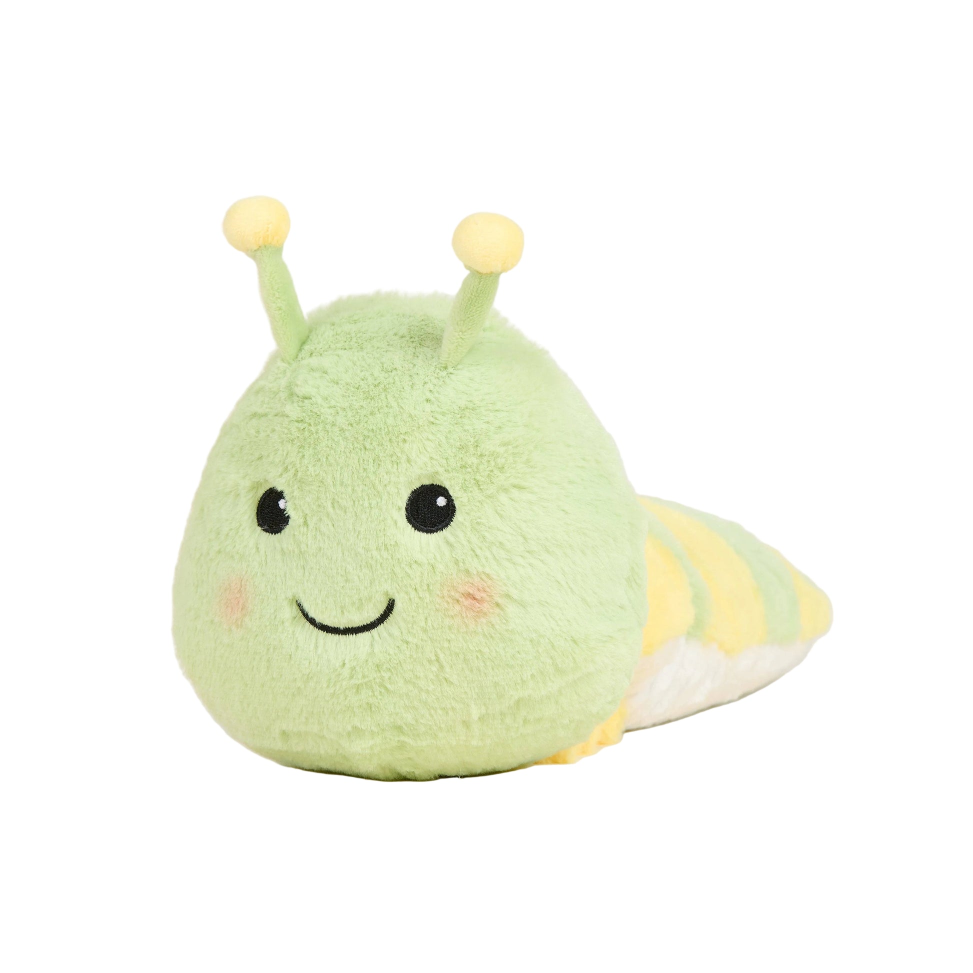 Green and yellow plush caterpillar Warmies with smiling face and antennas on a white background