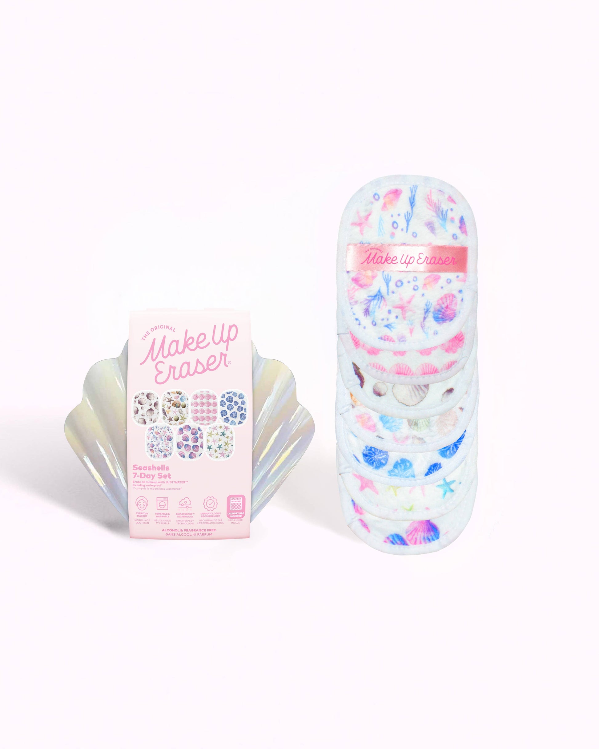 Make-up eraser with packaging on a white background