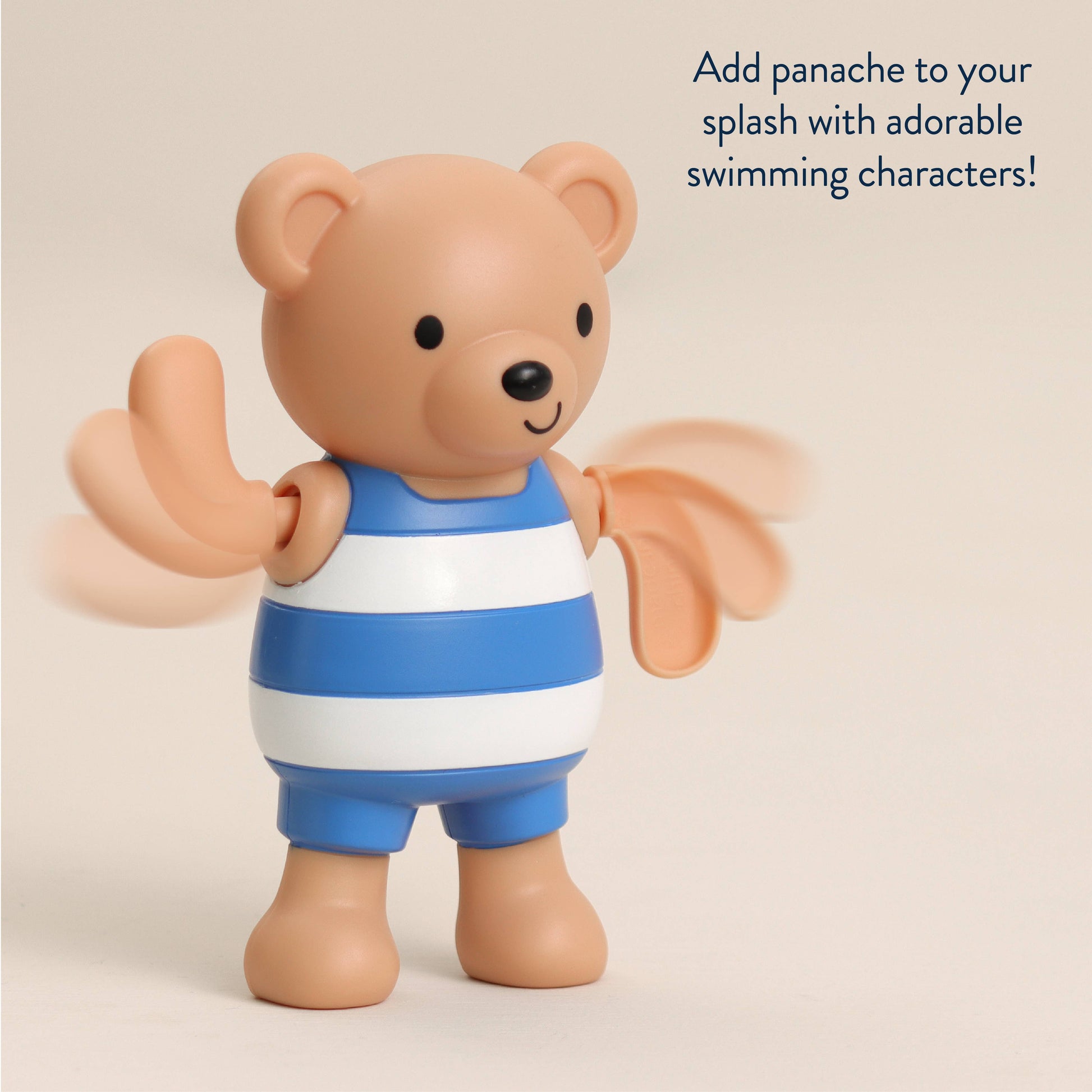Toy bear in a blue and white striped swimsuit on a beige background with text that says "Add panache to your splash with adorable swimming characters"