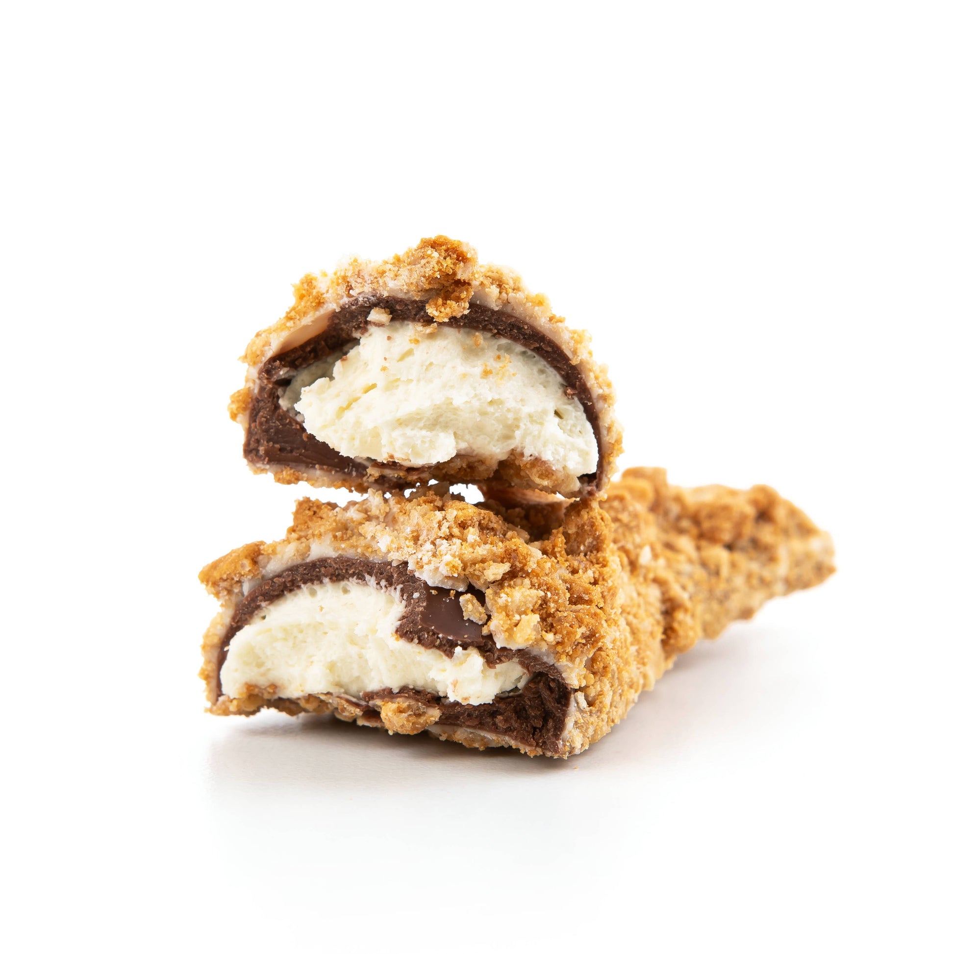 Chocolate-dipped cookie with a white filling on a white background