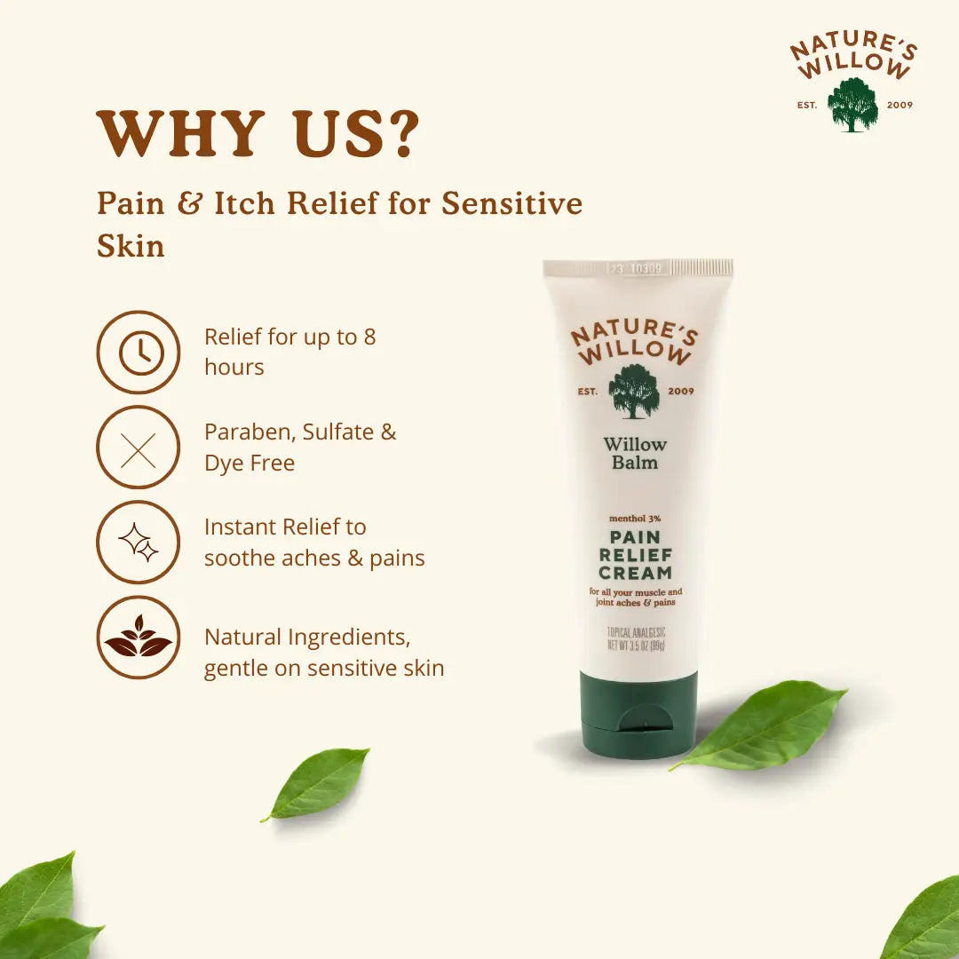 Nature's Willow pain relief cream with product details on a white background