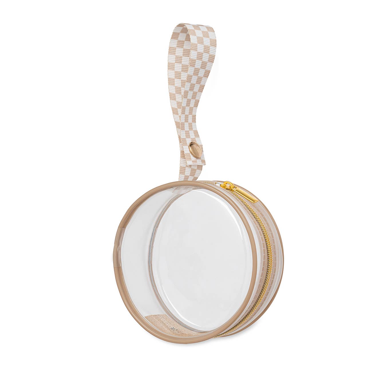 Round transparent pacifier holder with a checkered handle on a white background