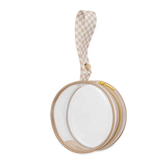 Round transparent pacifier holder with a checkered handle on a white background