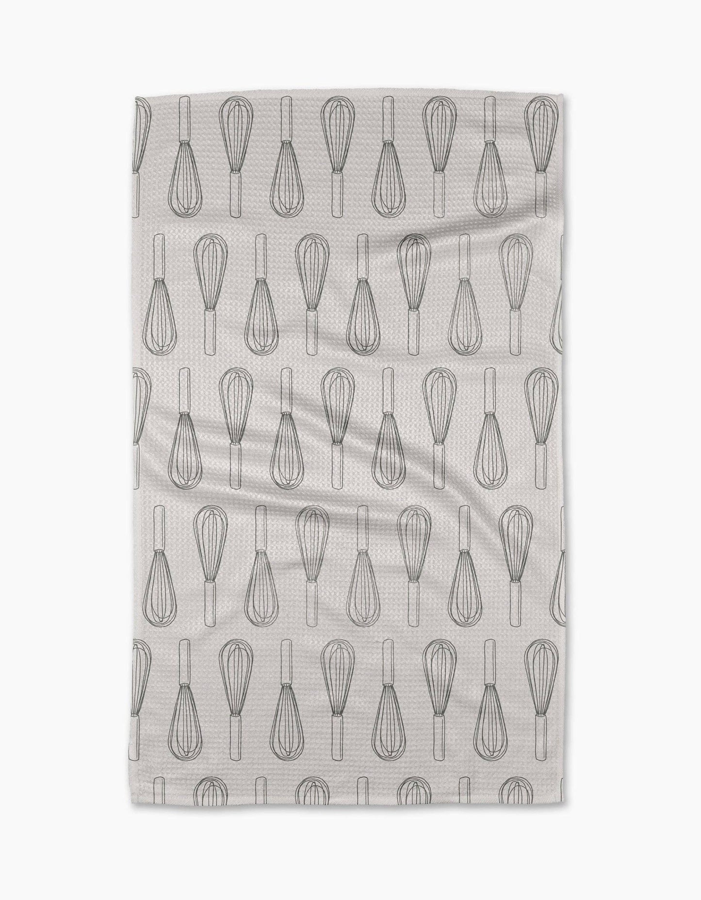 Tea towel with whisk pattern on a white background