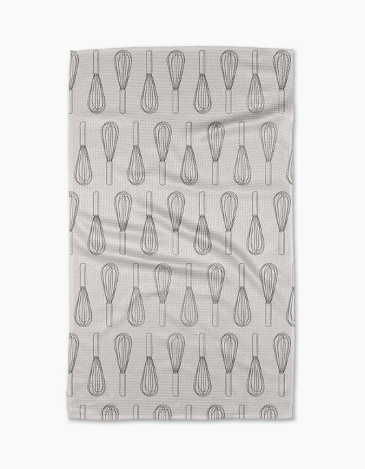Tea towel with whisk pattern on a white background