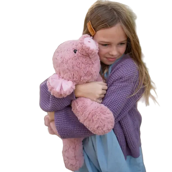 Young girl holding a pink teddy bear.