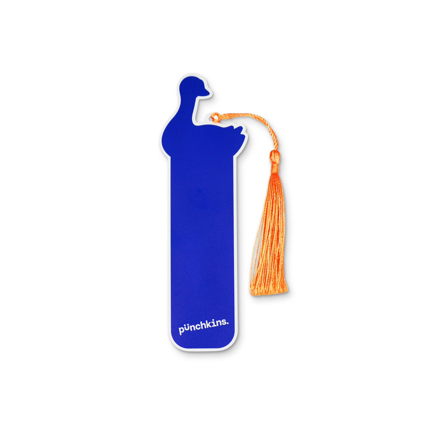 Back of bookmark with a blue silhouette and an orange tassel on a white background