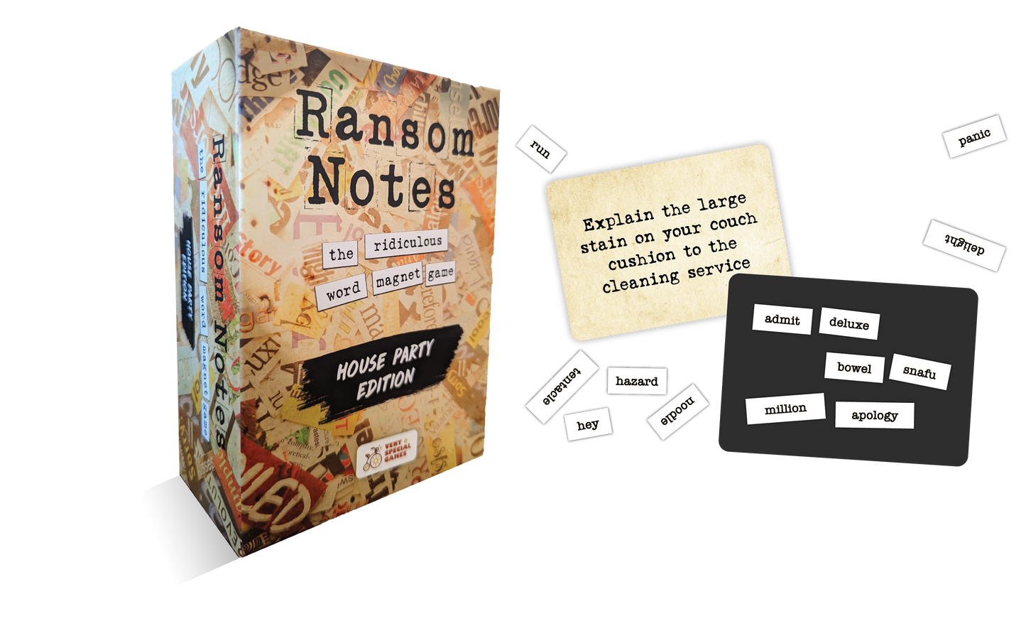 Ransom Notes game box with cards and word tiles on a white background