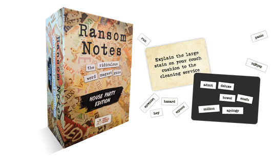 Ransom Notes game box with cards and word tiles on a white background