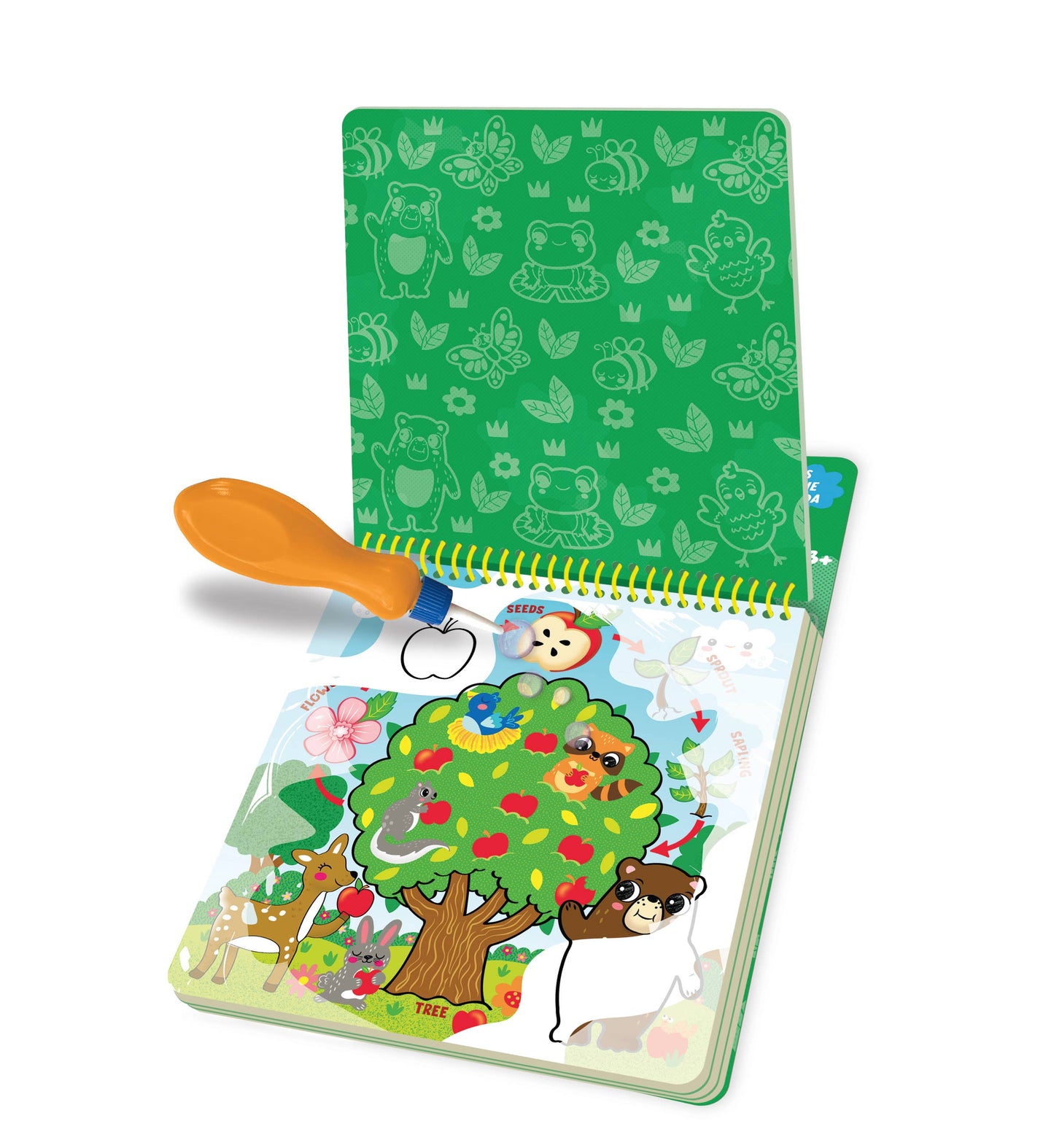 Children's book with a green cover featuring animal patterns and a colorful tree illustration on the page.