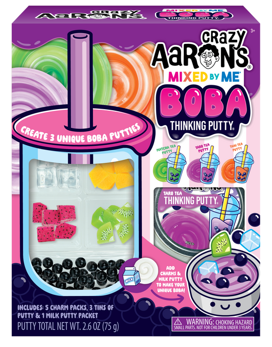 Crazy Aaron's Mixed by Me Boba Thinking Putty kit packaging with colorful design and text.