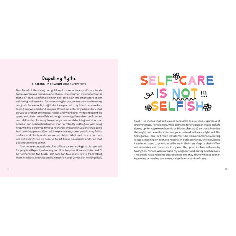 Page from a book or magazine with text and colorful design on a pink and white gradient background.